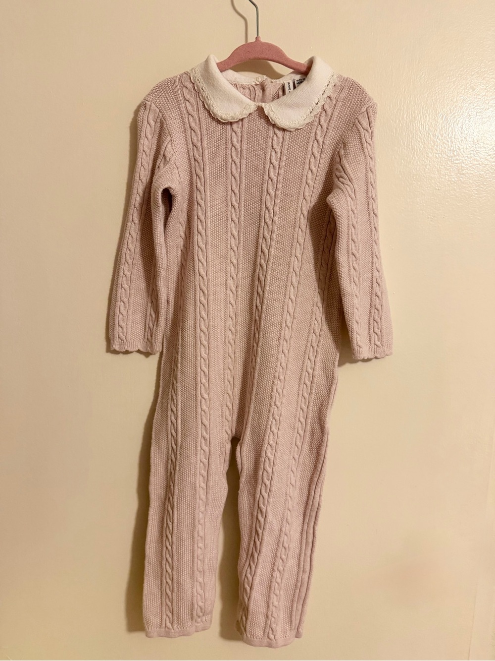 Janie and Jack Classic Cable Knit Pink One-Piece with Peter Pan Collar like new